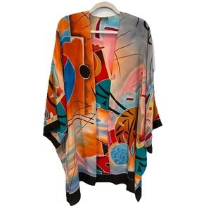 Vintage Dilemma Dhun Shroff 100% Silk Abstract‎ Kimono Cardigan Hand Painted OS